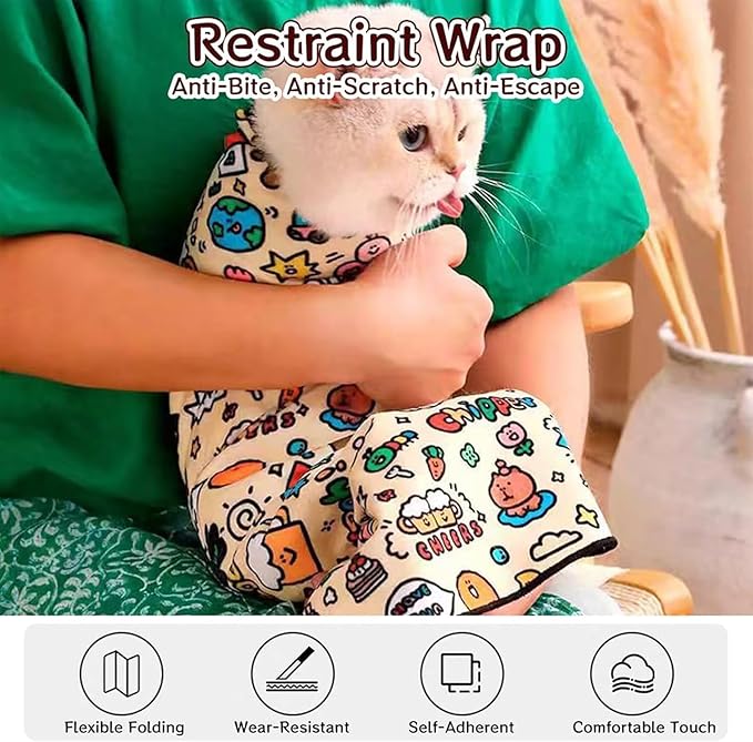 Cat Grooming Wrap: Self-Adherent, Anti-Bite, Anti-Scratch, Anti-Escape Calming Wrap for Medicine, Nail Clipping- Multifunctional Pet Tool